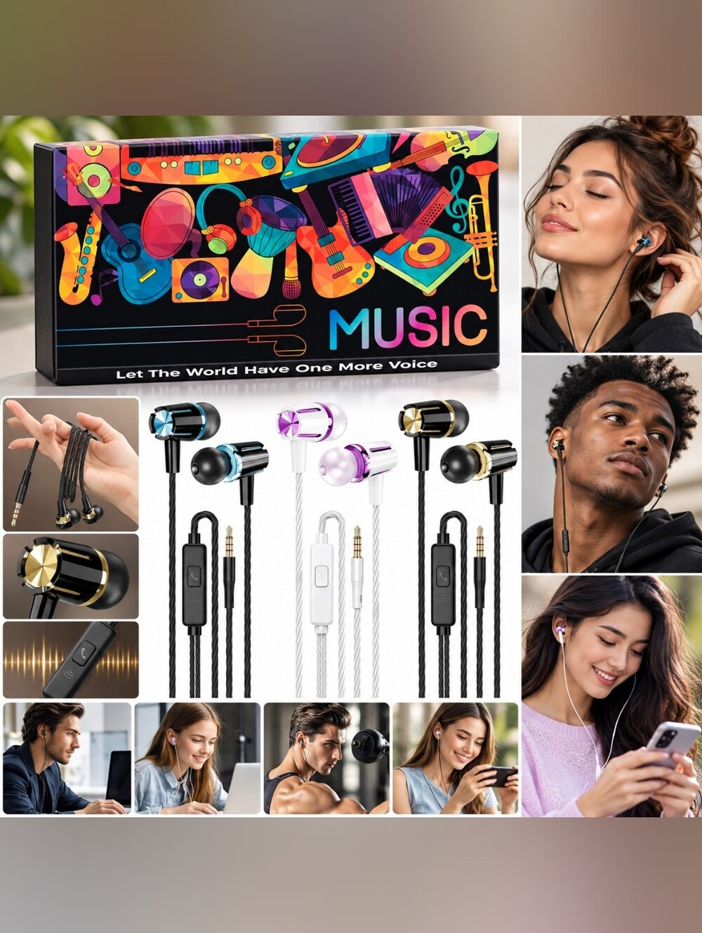 NEW 3-Pack Wire Earbuds Microphone Heavy Bass Stereo 3.5mm Tangle-Free Headphone